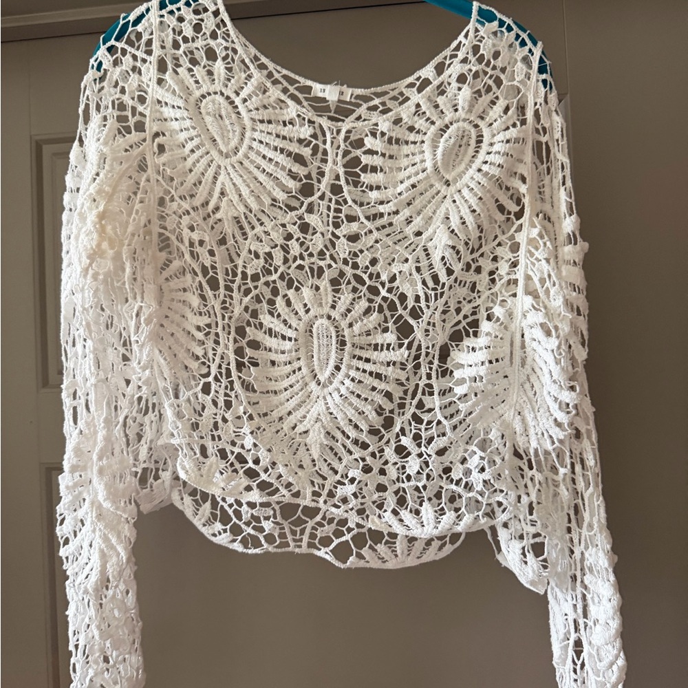 White Crochet Long Sleeve Top